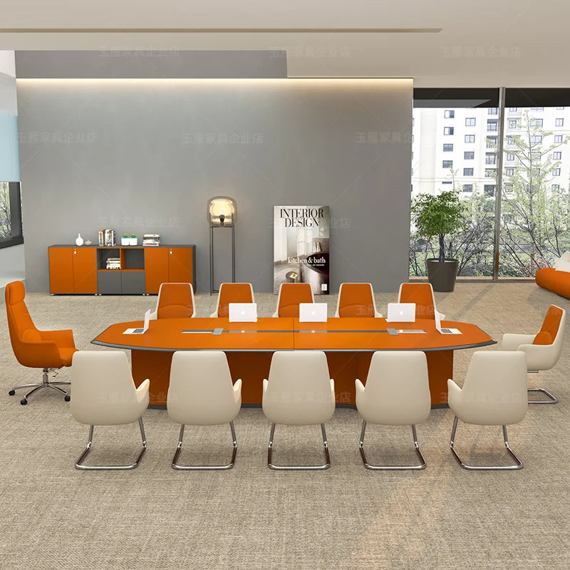 Office Furniture: Modern Lacquered Conference Table with Creative Orange Chair Set