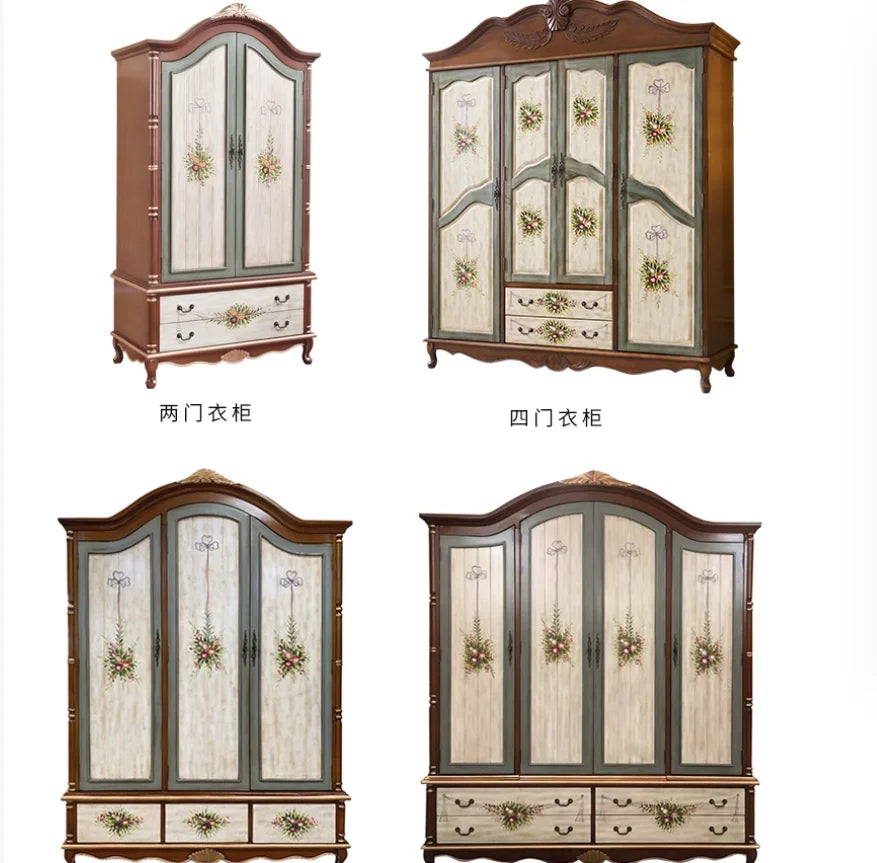 Solid Wood 4-Door Wardrobe – American Retro, Bedroom Storage Cabinet