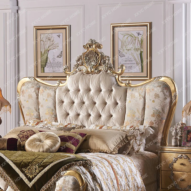 French-inspired retro solid wood double bed, featuring fabric upholstery and elegant carvings
