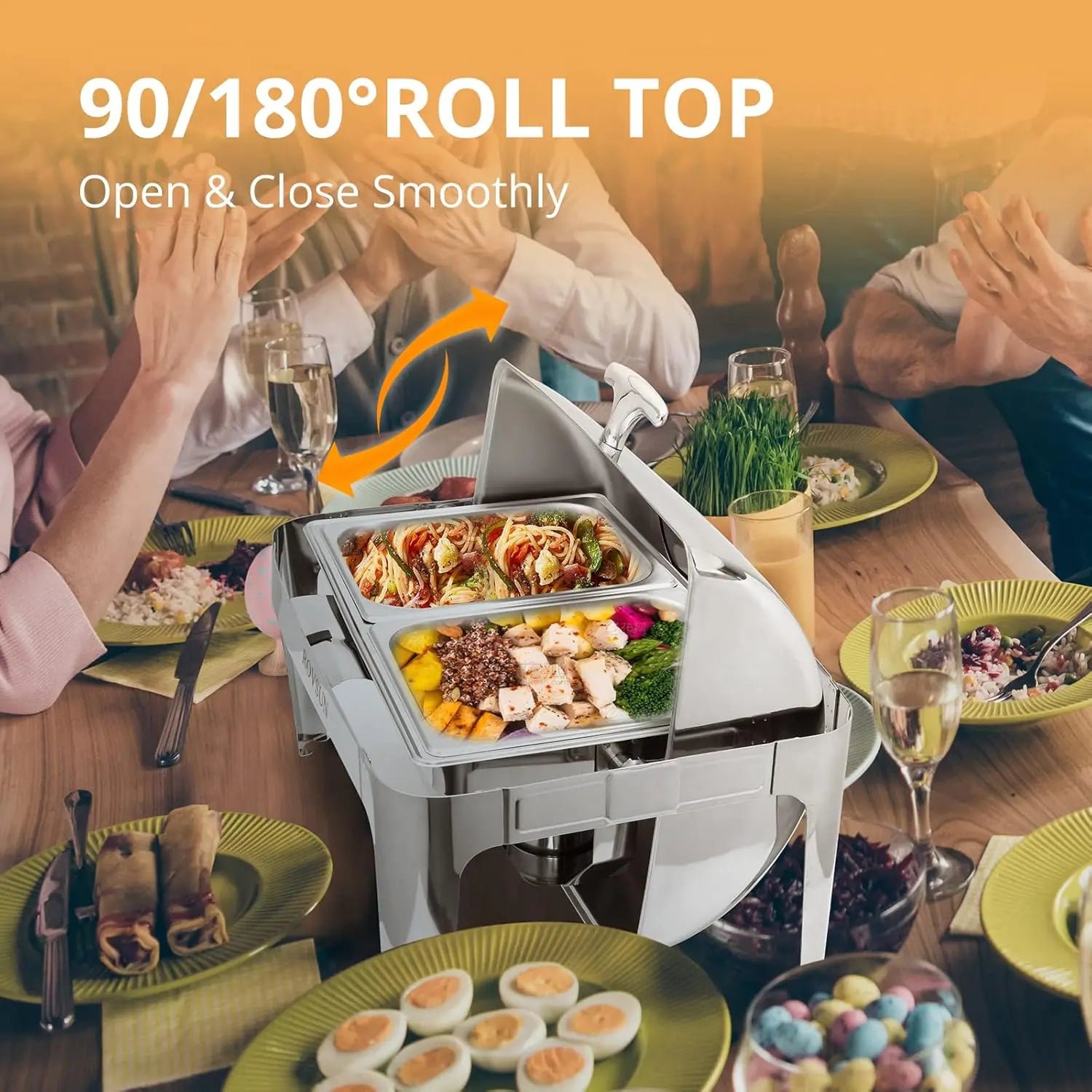 ROVSUN 3 Pack Roll Top Chafing Dish Buffet Set,9 Quart Rectangular NSF Stainless Steel Chafer for Catering,Buffet Servers