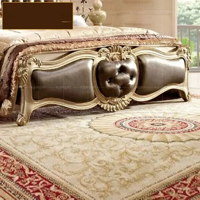 European Villa Solid Wood Carved Double Leather King Bed
