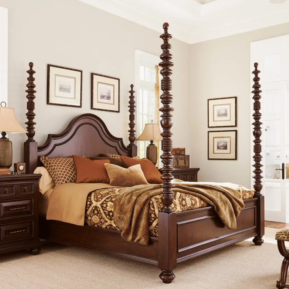 Retro solid wood double bed mosquito net rack Roman four-poster big bed master bedroom villa