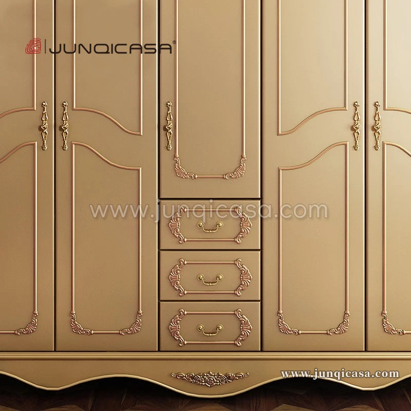 Luxury Antique 4-Door Wardrobe – Classic Gold Solid Wood Bedroom Furniture