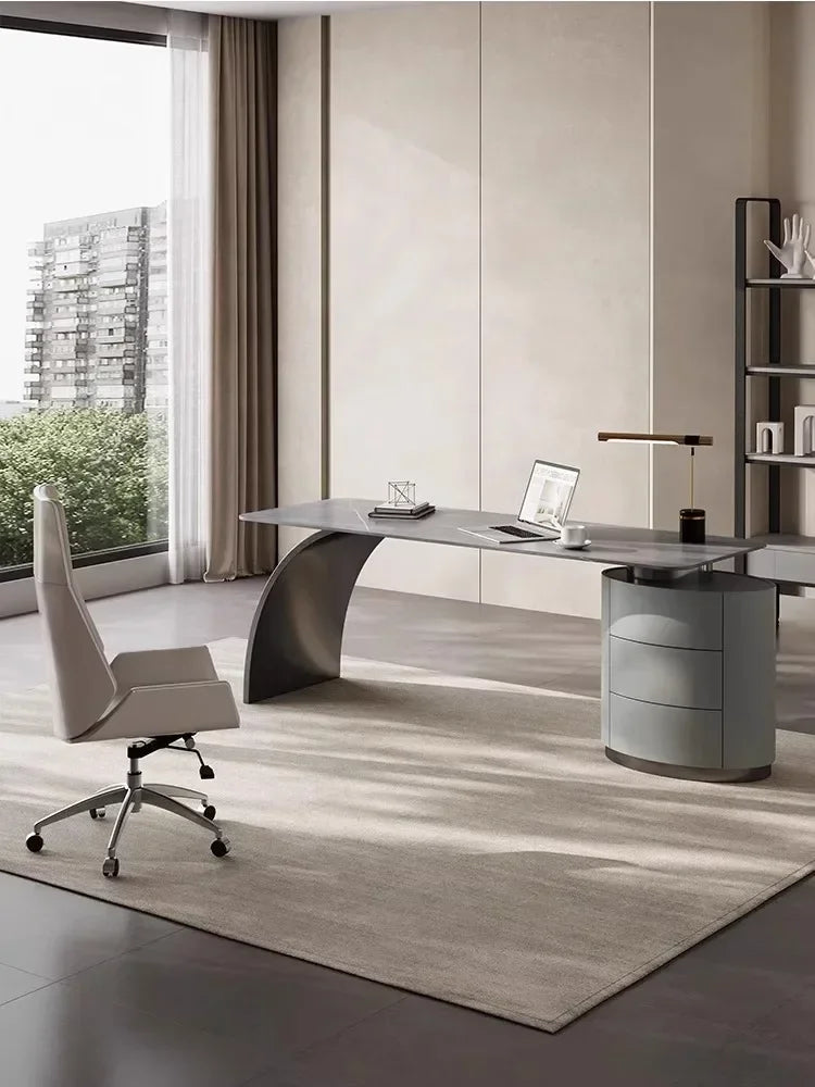Bright Stone Plate Desk – Light Luxury Designer Study & Computer Desk, Integrated Office Table
