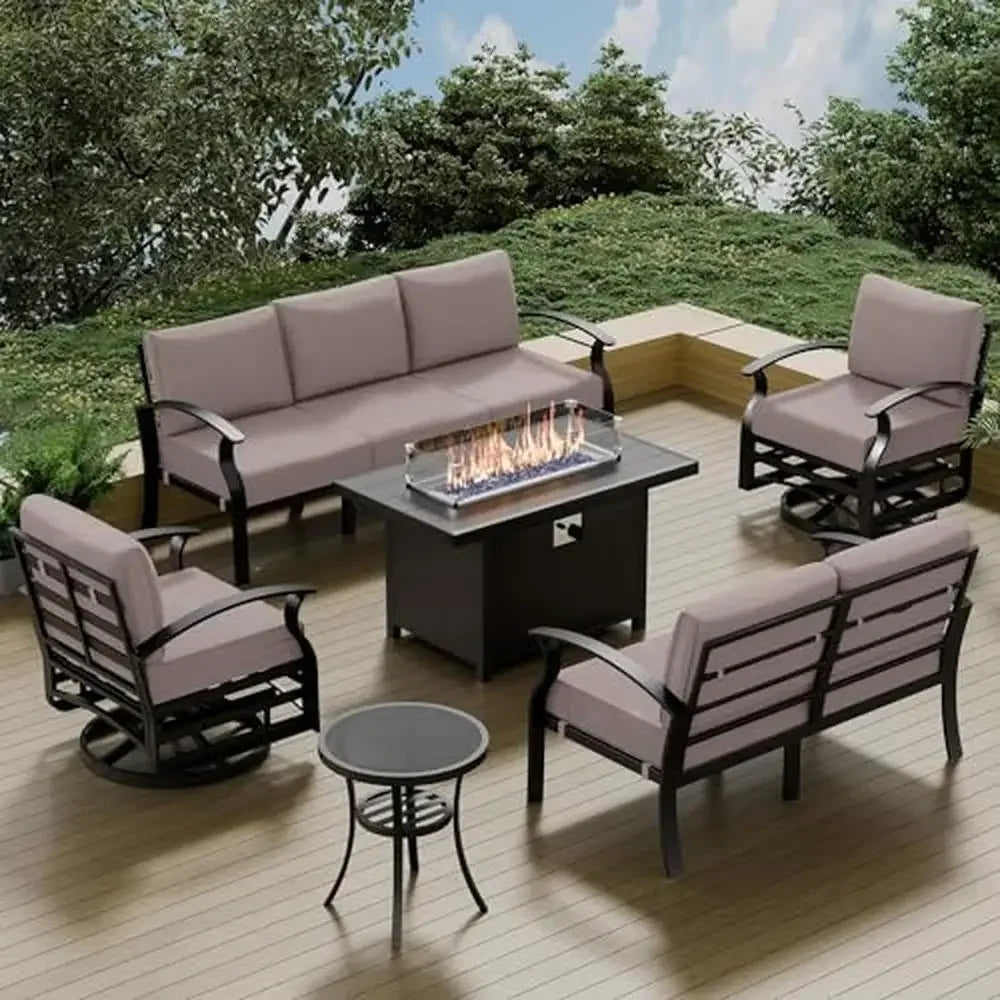 7-Seater Aluminum Patio Furniture Set with Fire Pit Table and Swivel Chairs, featuring Modern Design and Thick Cushions