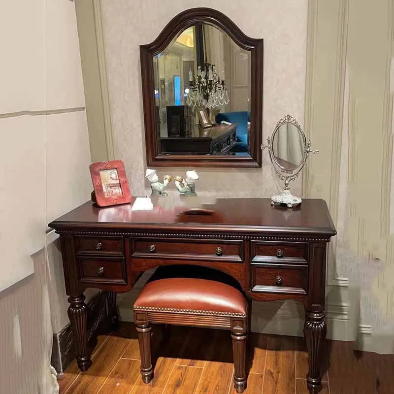 Brown Stool Dresser: Wooden Luxury Dressing Table with Drawers and Mirror