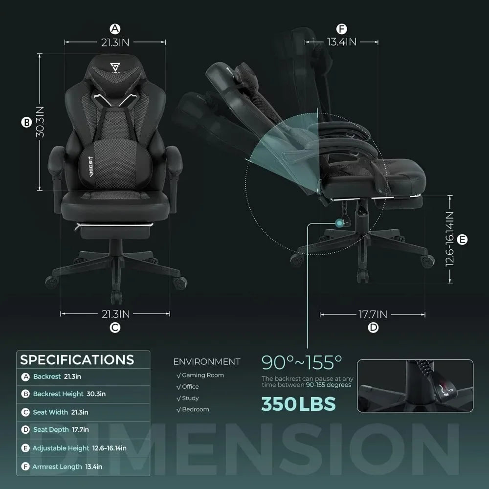 Gaming Chair- Gaming Chair with Footrest, Mesh Gaming Chair for Heavy People, Ergonomic Reclining Gamer Computer Chair for Adult