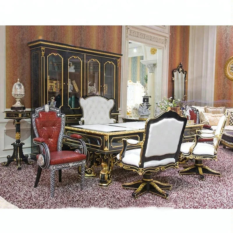 High End Classical French Baroque Style Luxury Design Antique Wooden Carving Black and Gold Office Writing Desk