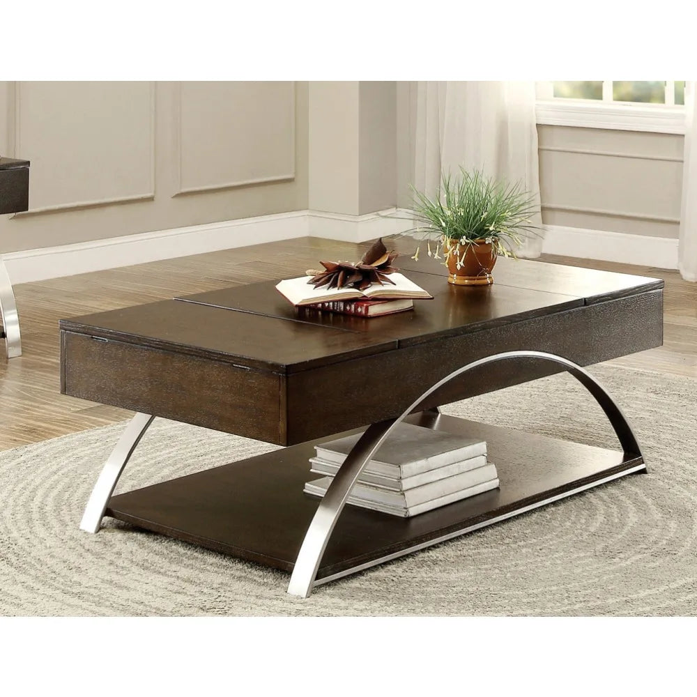 Modern Elevated Coffee Table – Espresso Finish Wood with Chrome Metal Display Shelf