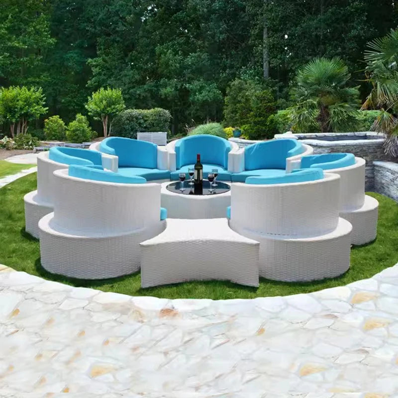 9-Piece Handmade Rattan Garden Furniture Set: Flower-Shaped Sectional Sofa, Ottoman, and Wicker Chairs for Outdoor Patios.