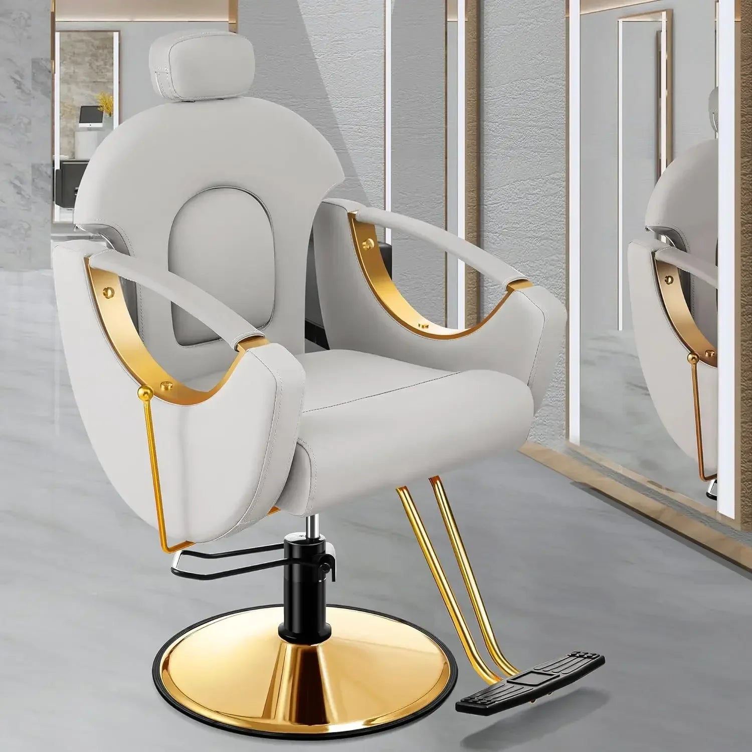 Barber Chair Reclining – All-Purpose Gold Salon Chair for Hair Stylists, 360° Swivel Rolling Chair