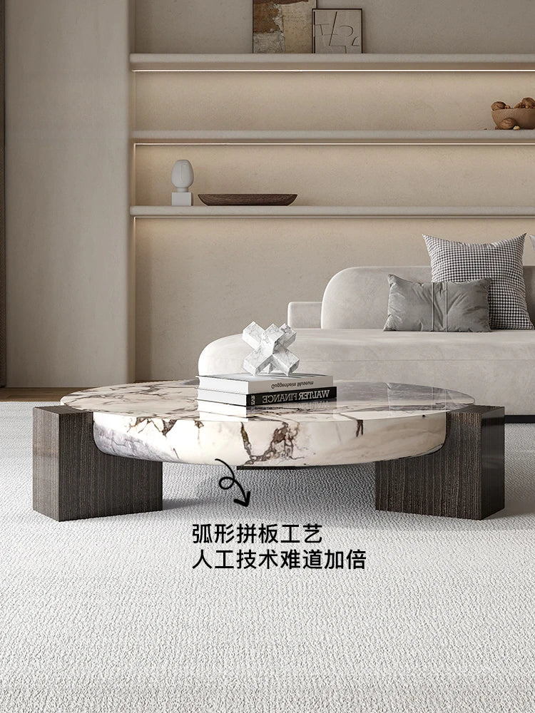 Marble round coffee table is luxurious, quiet and simple. Small apartment in living room, Italian minimalist designer furniture.