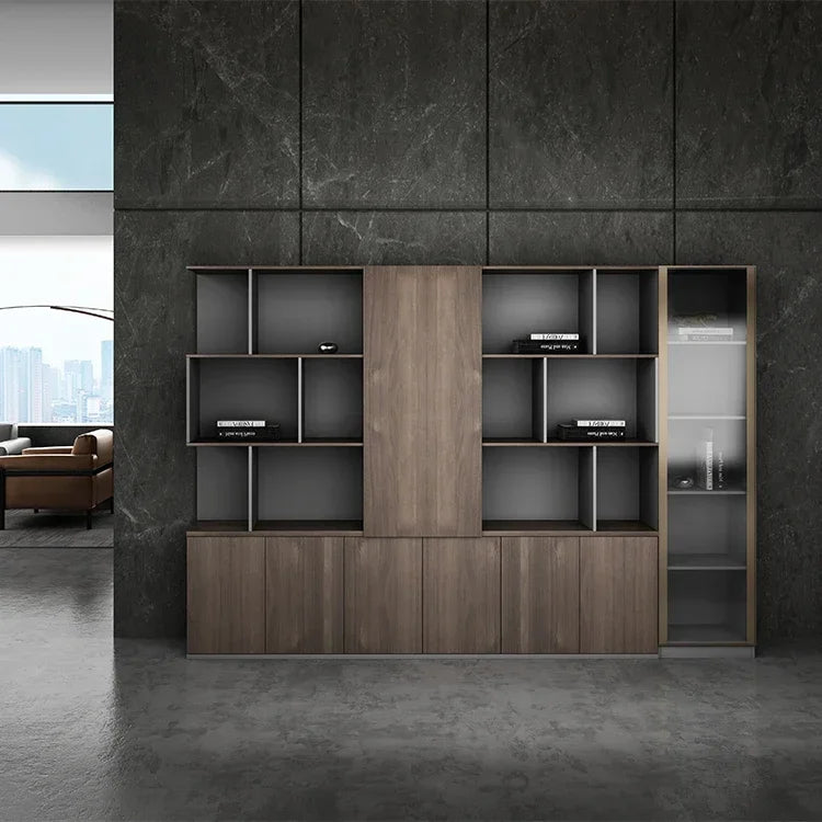 New office floor file cabinet, wooden bookcase, and storage cabinet for files, perfect for background organization.