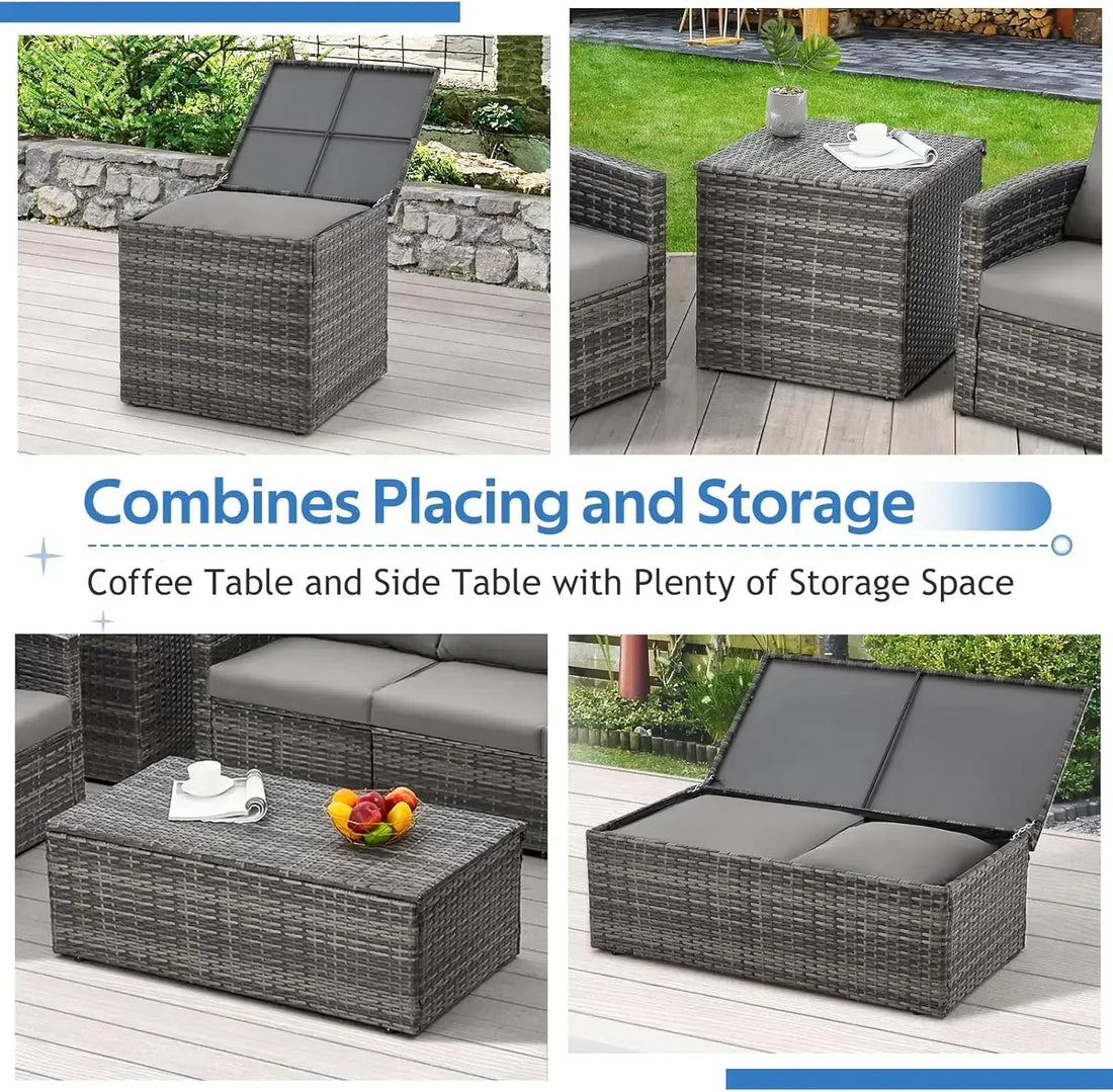 7-Piece Outdoor Patio Furniture Set with Two Storage Boxes, All-Weather PE Wicker Sectional Conversation Set.