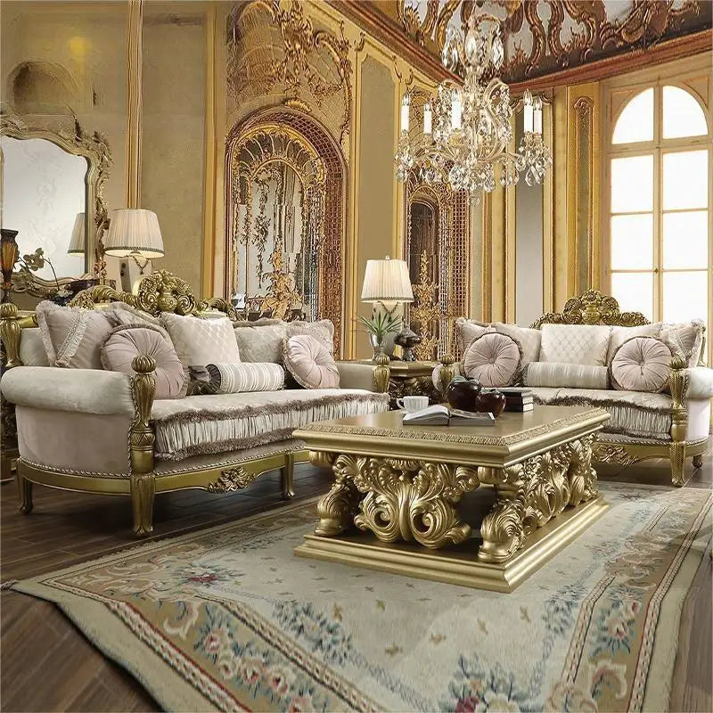 European style large living room sofa villa carved all solid wood sofa coffee table combination