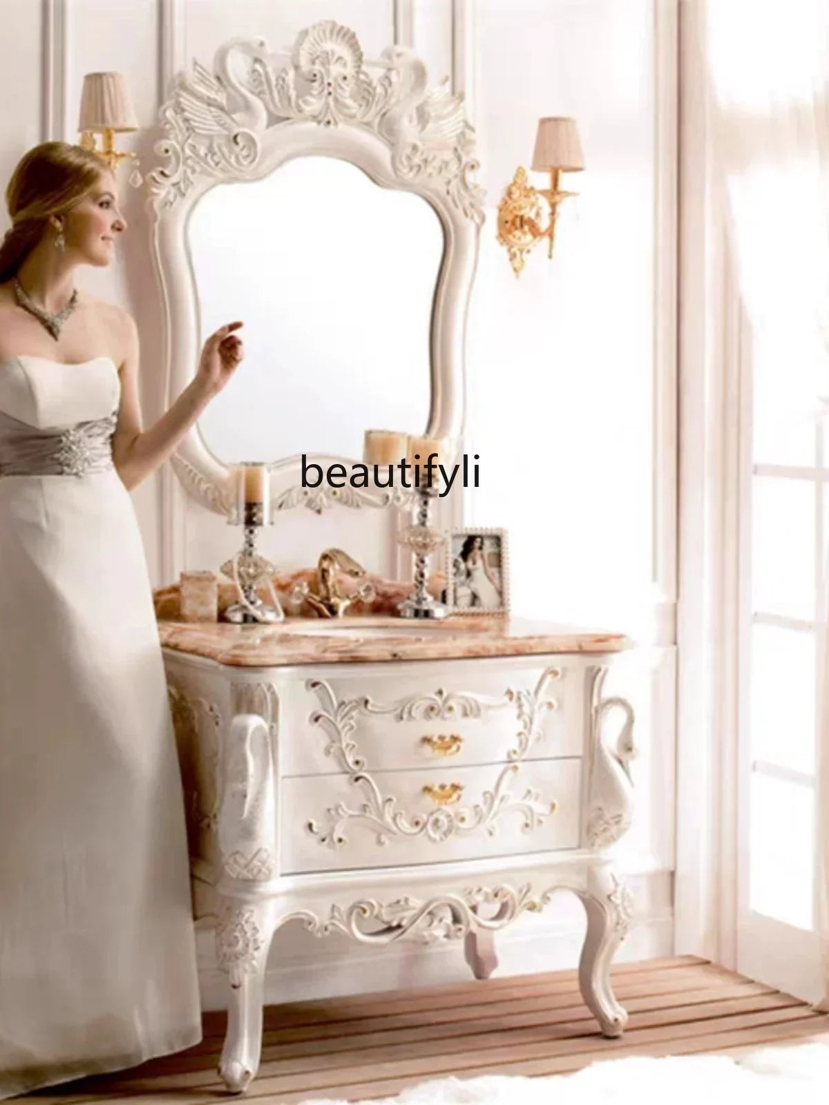 European-Style Bathroom Cabinet: Oak Carved Table with Antique Marble Countertop