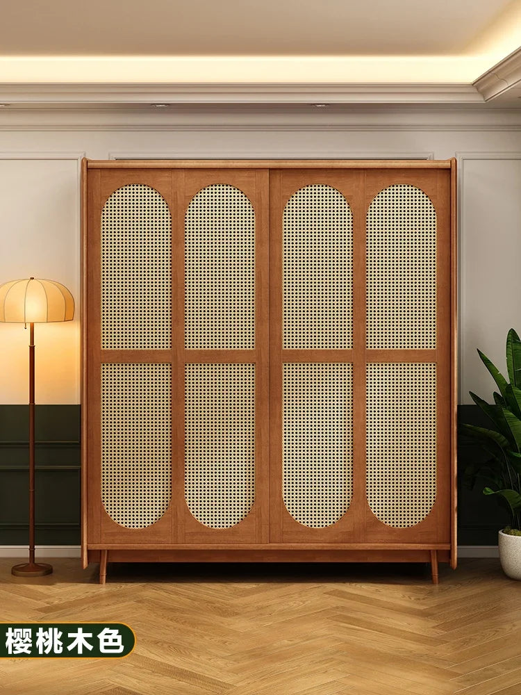 Solid Wood Wardrobe – American and French Style, Retro Design with Rattan Sliding Doors