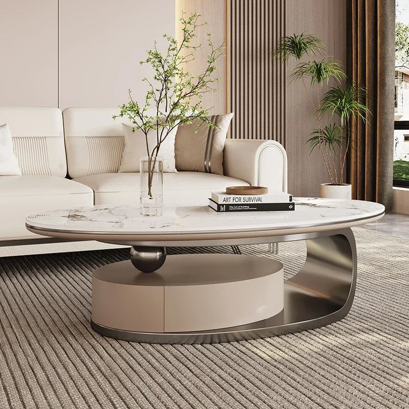 Metal Coffee Table – Modern Elipse Design with Italian White Marble Top