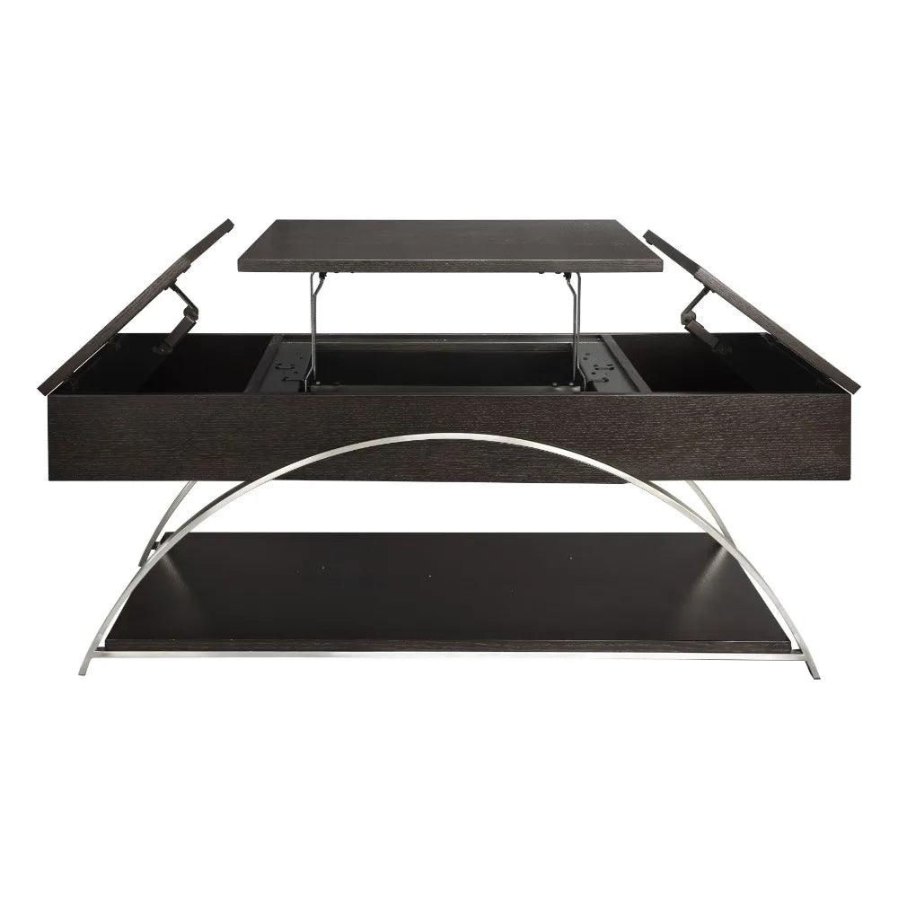 Modern Elevated Coffee Table – Espresso Finish Wood with Chrome Metal Display Shelf
