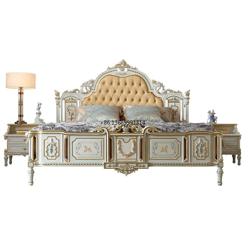 Rococo Double King Bed: Solid Wood with Carved Details and Crack Paint Finish