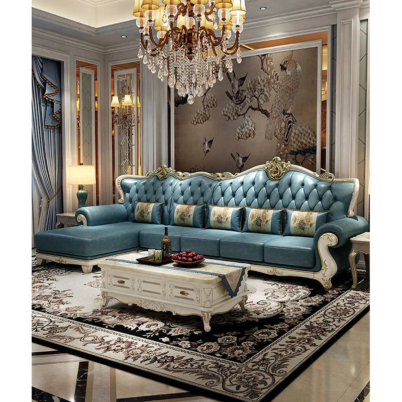 European-Style Light Luxury Corner Sofa: Modern Blue L-Shaped Leather with Solid Wood for Living Rooms.