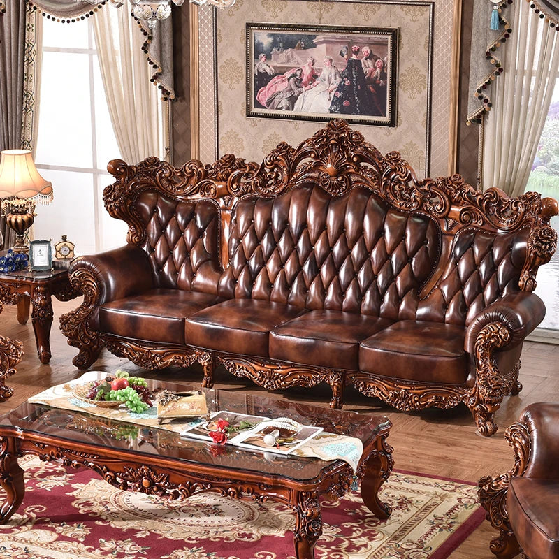 European-Style Leather Sofa: Solid Wood Carving with First Layer Cowhide, Ideal for Large Villa Living Rooms.