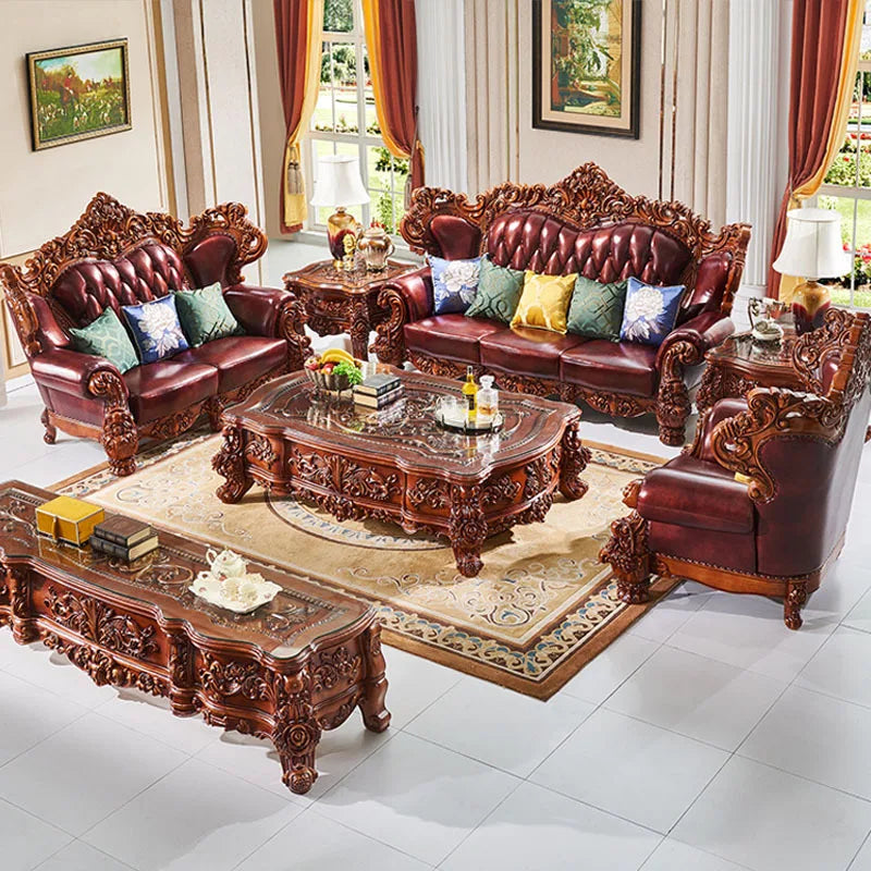 European Style Leather Sofa: 123 Combination, French Design with Oak Carvings