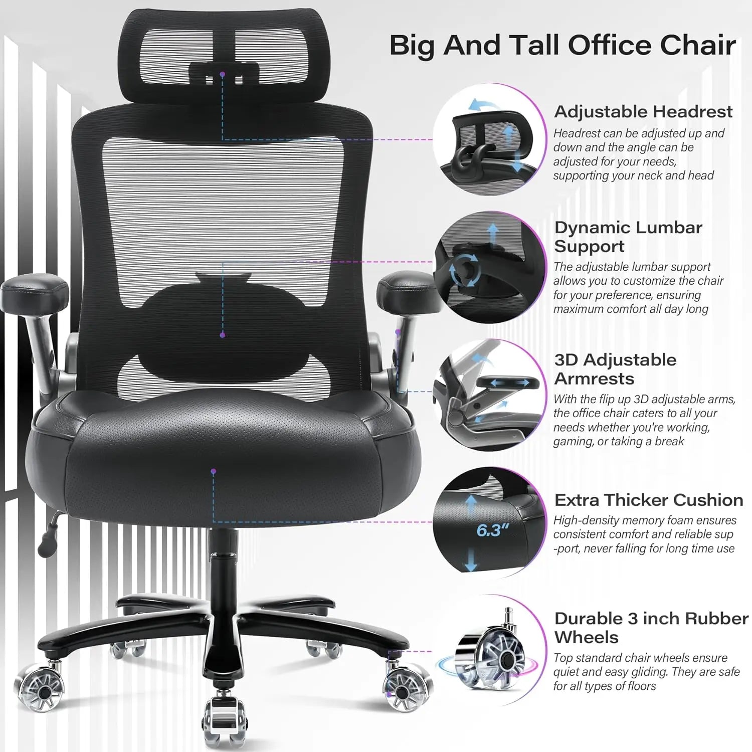 500lbs Big & Tall Office Chair – Heavy Duty Executive Mesh Chair with 3D Flip Arms, Large Wheels, Ergonomic High Back