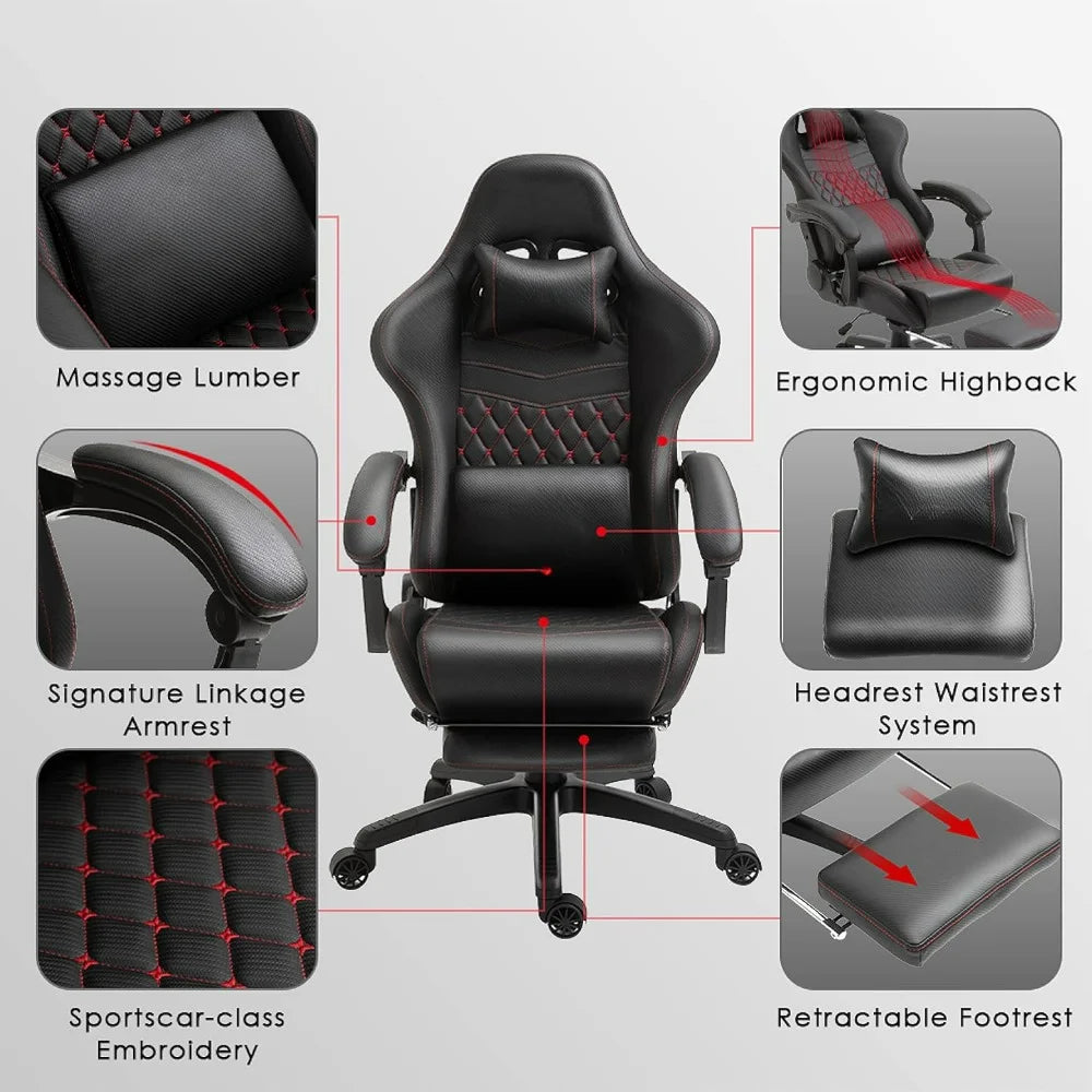Gaming/Office PC Chair with Massage Lumbar Support, PU Leather High Back Adjustable Swivel Task Chair for Home Office