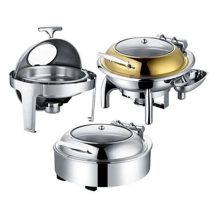 Electric Luxury Roll Top Round Food warmers Buffet Set Gold Chafing Dish with Glass Lid