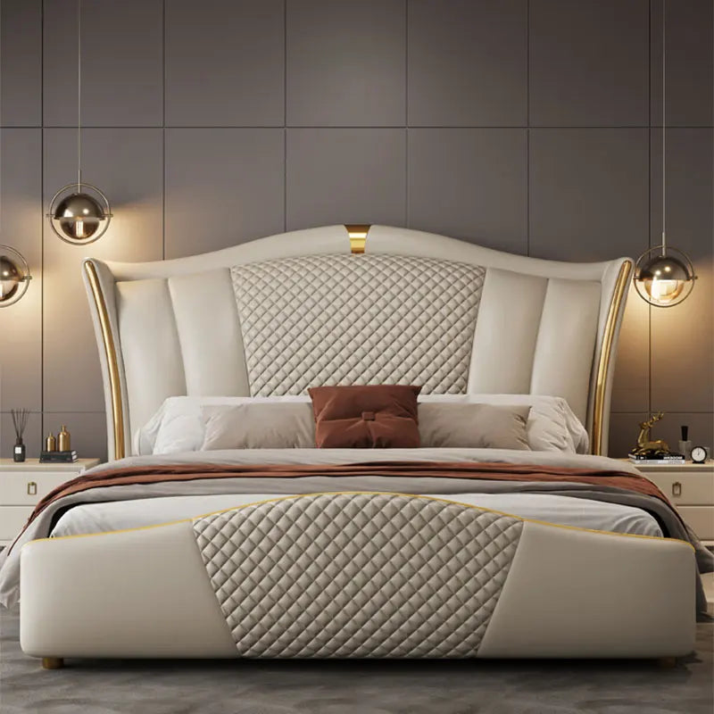 High-End European Queen Double Bed – Wood King Size Frame with Stylish Headboard