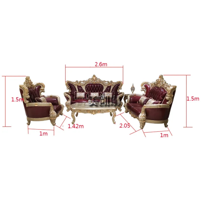 New European-style Leather Sofa 123 Combination Living Room Luxury Solid Carved High-end Champagne Gold Foil Couch Furniture