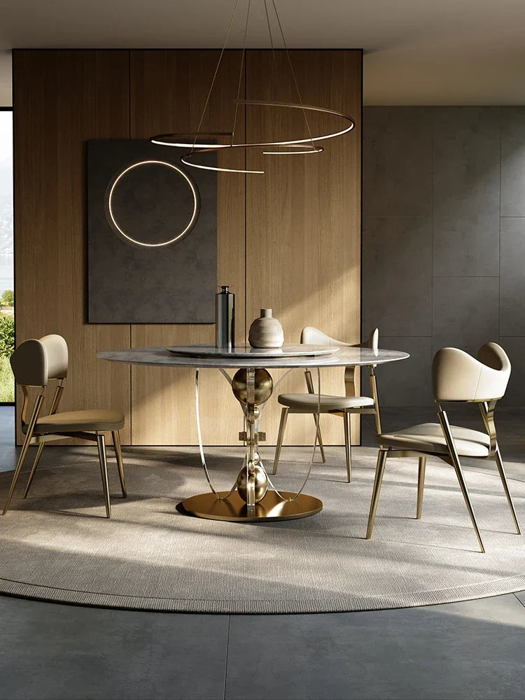 Light Luxury Natural Marble Dining Tables and Chairs Set Villa Rotating round Dining Table with Turntable