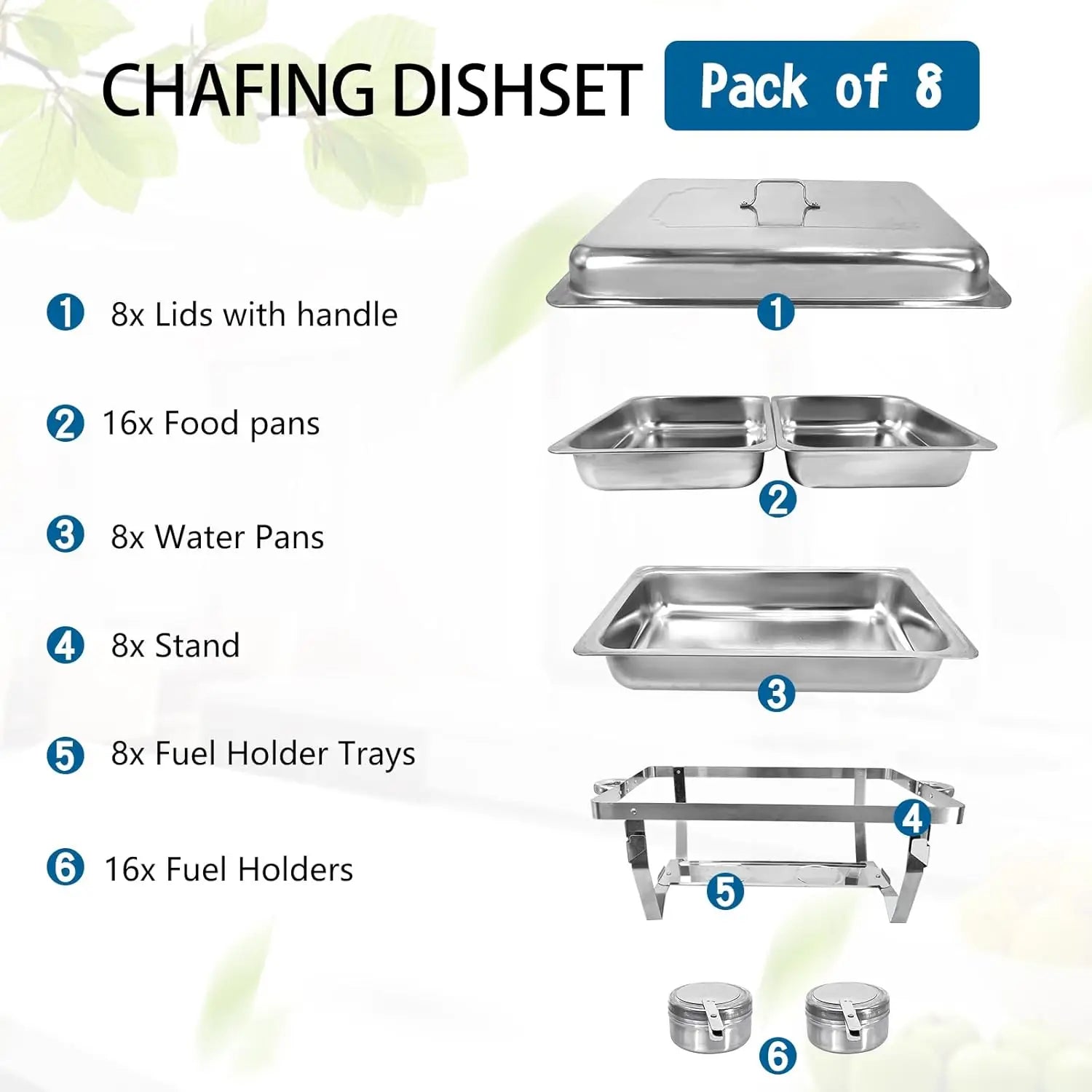 8-Pack Chafing Dish Set – Stainless Steel Buffet Servers with 8QT Half-Size Food Pans, Perfect for Kitchen and Parties