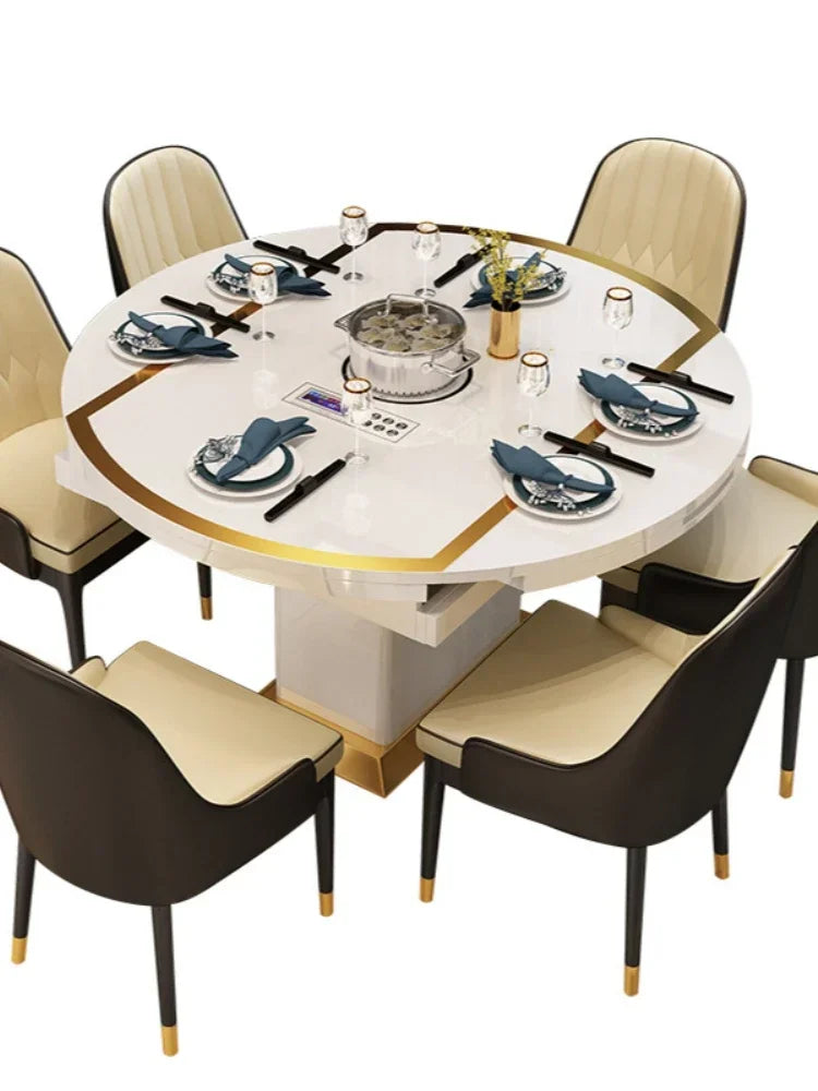 Folding with induction cooker dining table chair combination with turntable telescopic rotating size variable round table