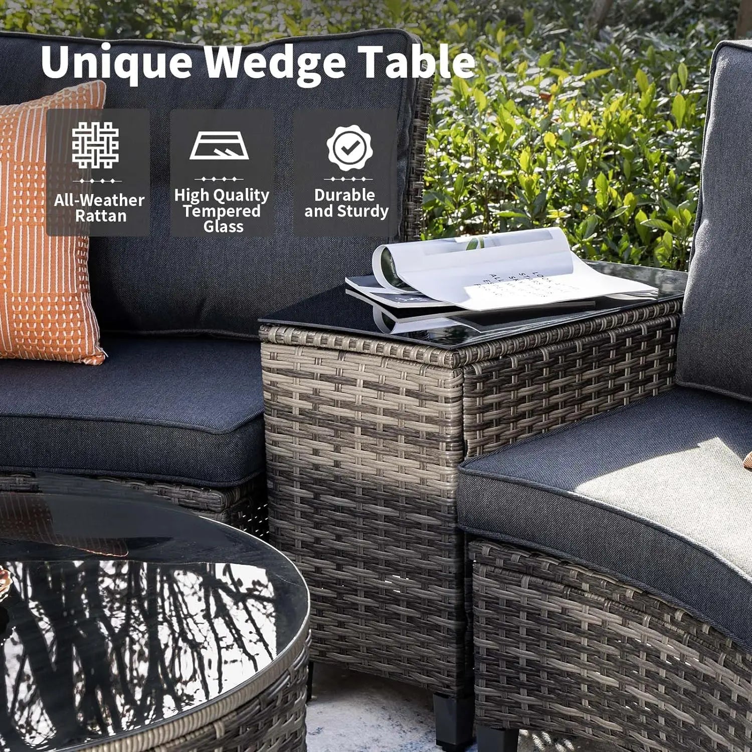 9-Piece Outdoor Patio Furniture Set: Half-Moon Curved Rattan Sectional Sofa with Wood Armrests for Stylish Conversation.