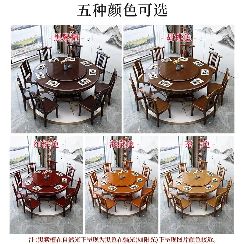 Solid wood round dining table and chair combination New Chinese style household large round hotel with turn