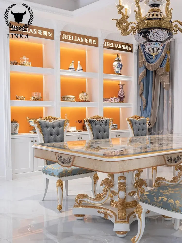 Luxurious French living room 2.8m romantic wooden shell mosaic dining table combination