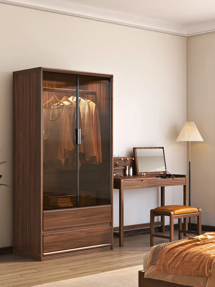 Solid Wood Black Walnut Wardrobe – Modern, Simple Design with Top Cabinet for Bedroom Storage.