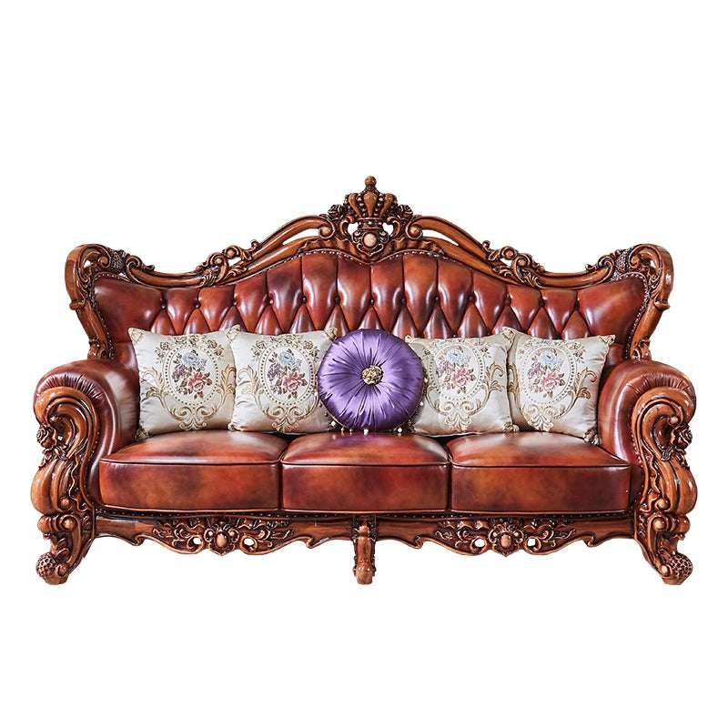 uropean Leather Sofa Combination - Carved Crown Sofa for Villa Living Room