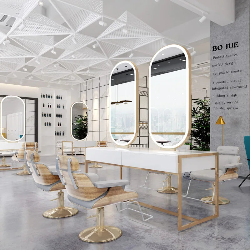 High quality barbershop furniture three seater salon mirror table gold oval barber station with led