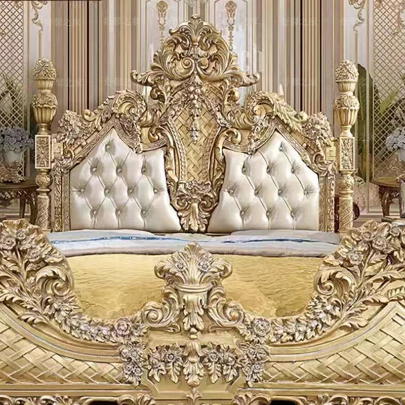 European Style Solid Wood Carved Bed: French Leather Fabric Princess Bed, High-End Custom 1.8-Meter for Italian Villas and Weddings