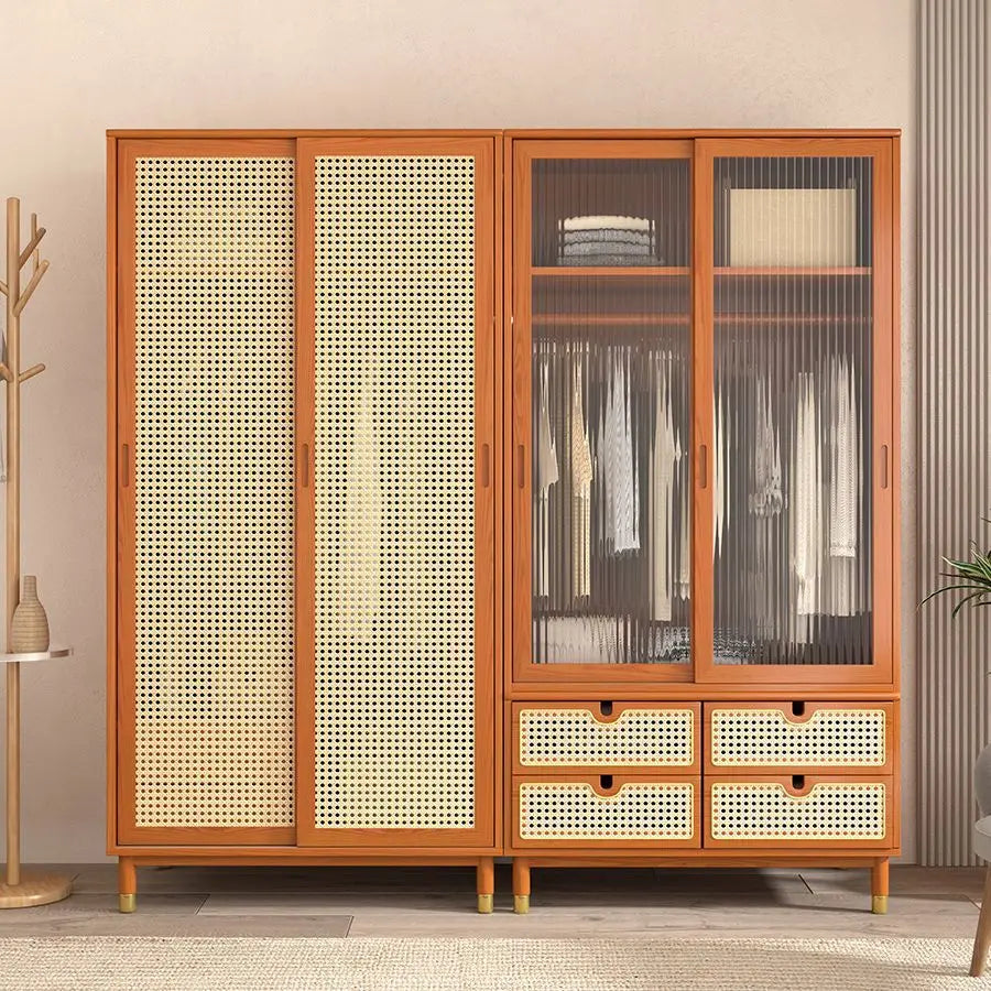 Solid wood double-door wardrobe bedroom storage lockers household sliding door rattan wardrobe simple