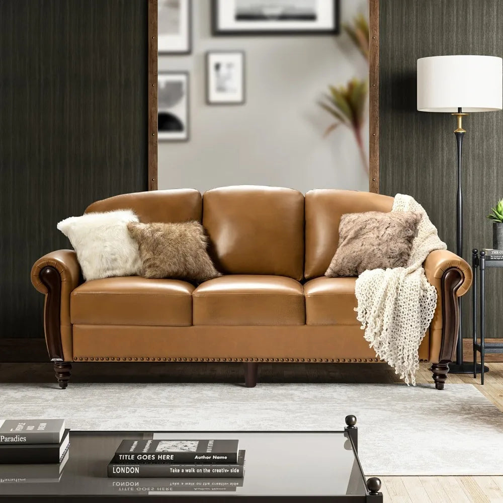 Genuine Leather Sofa 3-Seater Couch Traditional Living Room Sofa with Carved Solid Wood Legs, Camel