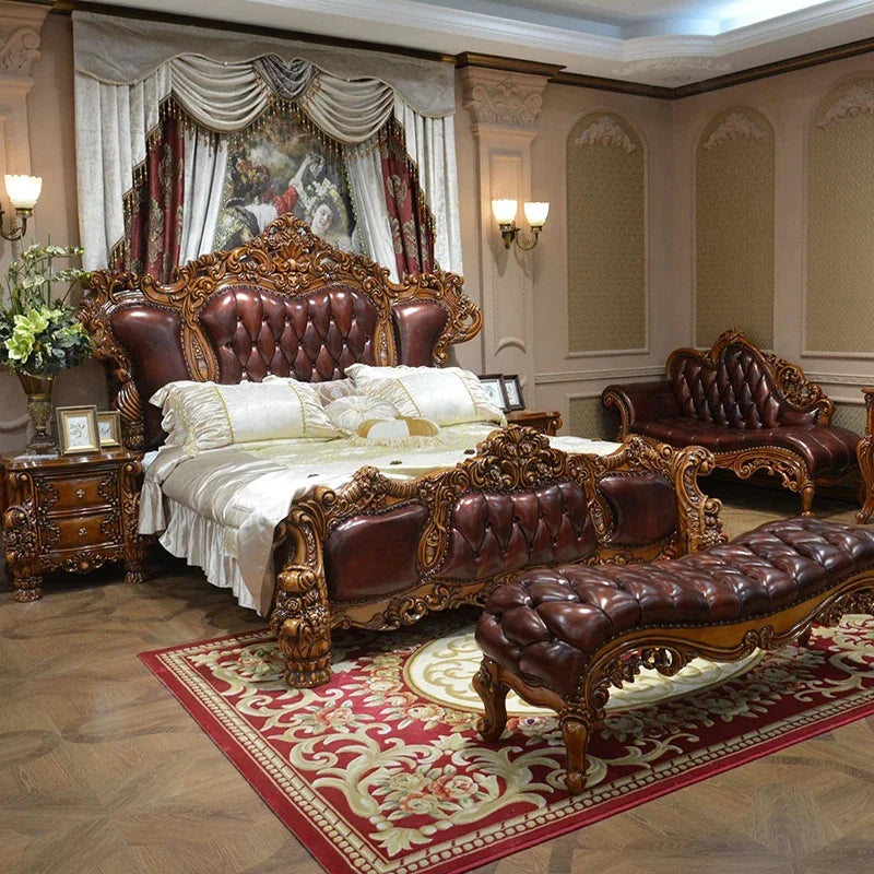 European Luxury Leather Bed - 1.8m Double Bed, Solid Wood Carved for American Villa