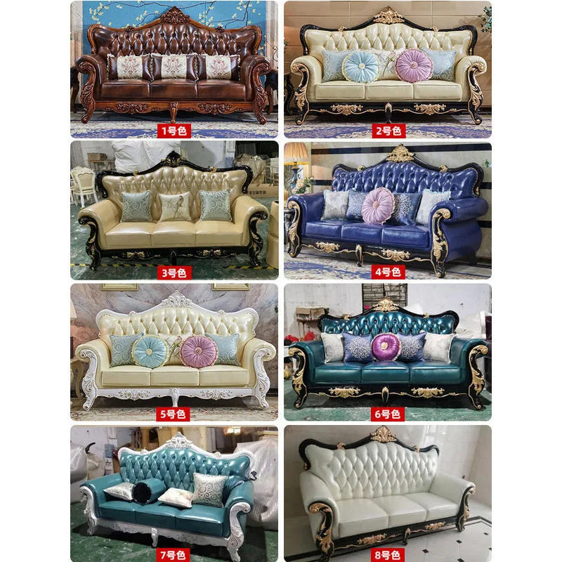 European 123 Sofa Set: Small Apartment Size with Solid Wood Carvings, Retro Floral Design, and High-End American Leather
