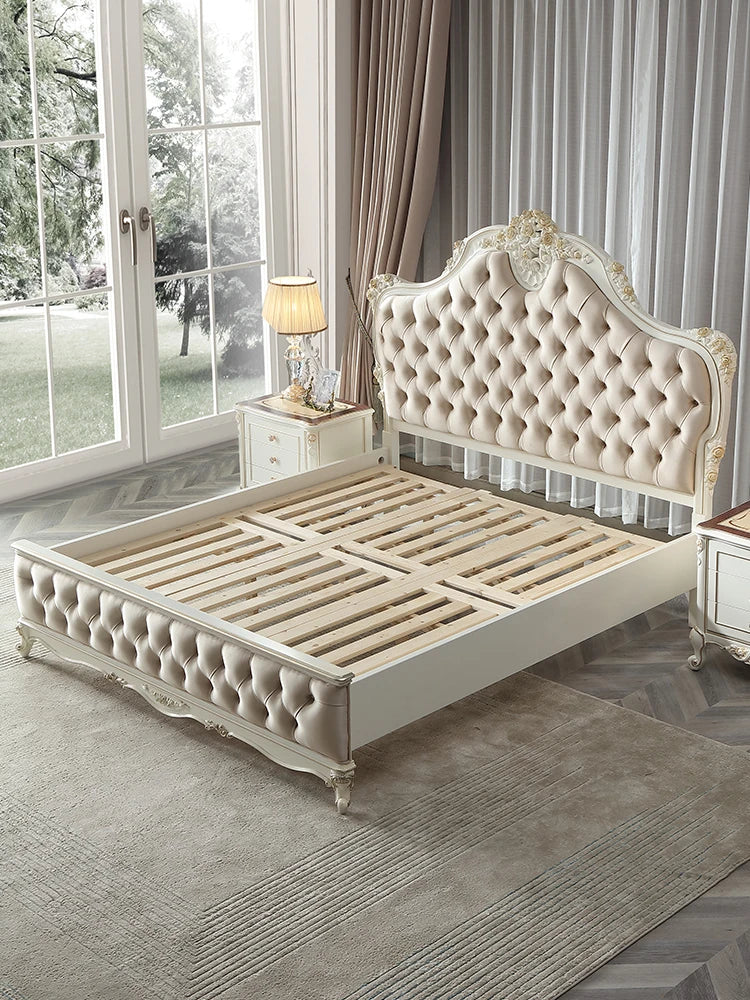 Versailles-style French fabric double bed, crafted from solid wood