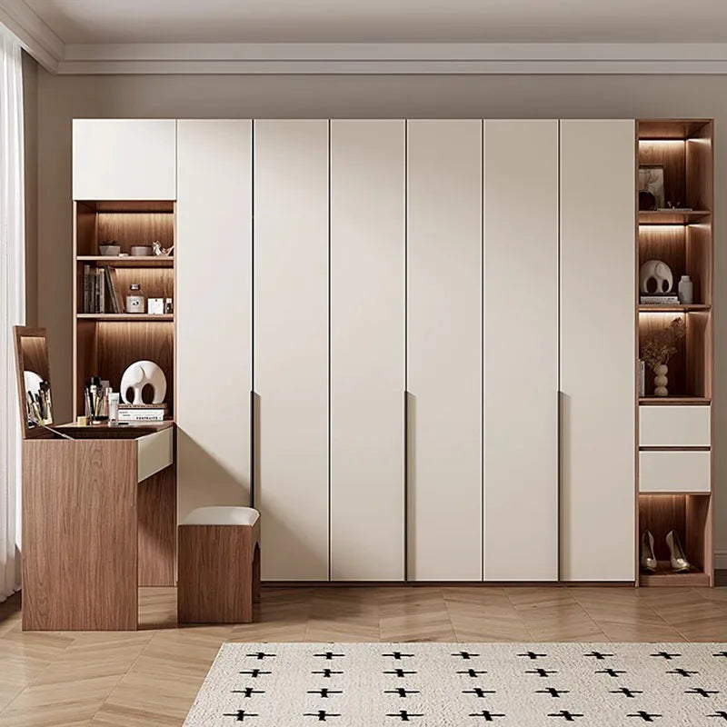 Space-Saving Women’s Wardrobe – Modern White Shelf Cabinets with Doors.
