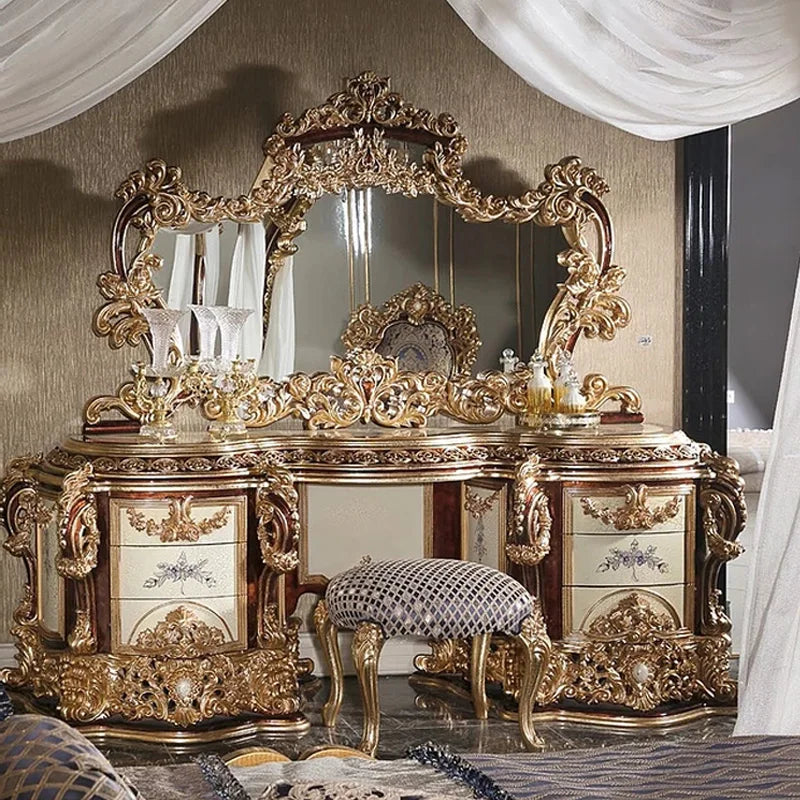 European solid wood carving bedroom vanity mirror bench combination villa makeup table luxury solid wood bed