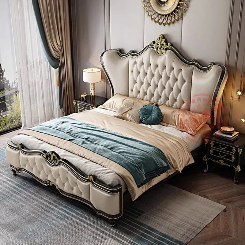 European Double Bed – King Size Wood Storage Organizer, Princess Style Bedroom